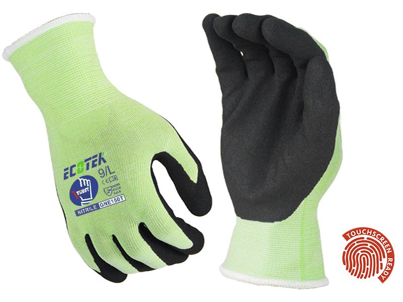 GNE150T-15G Recycled Polyester+Spandex Sandy Nitrile Palm Coated Screen Touch Work Gloves