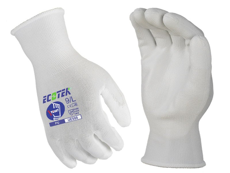 UE500-15G White Recycled Polyester + Spandex Liner With White PU Palm Coated Work Gloves