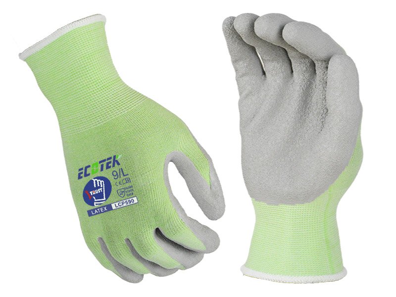 LCP590-15G Green Recycled Polyester Shell Coated With Gray Latex Palm Crinkle Work Gloves