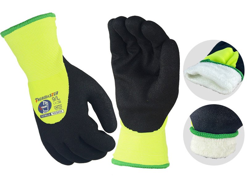 NSQ900-Premium Sandy Nitrile 3/4 Coated Double Layers Liner(15G Polyester+10G Brushed Acrylic Terry Loops) Winter Safety Working Gloves