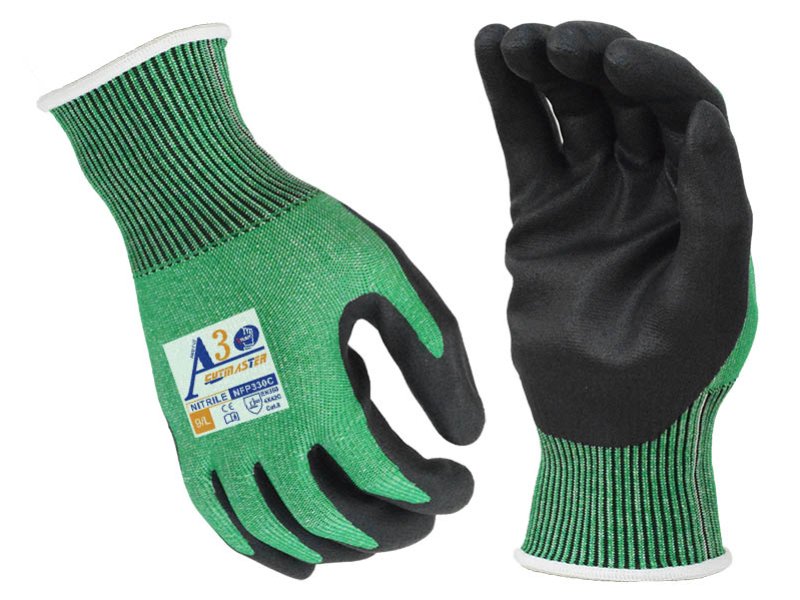 NFP330C-Black Nitrile Palm Coated Work Gloves With 13G Green Cut Resistant Liner Foam Finish Level A3/C