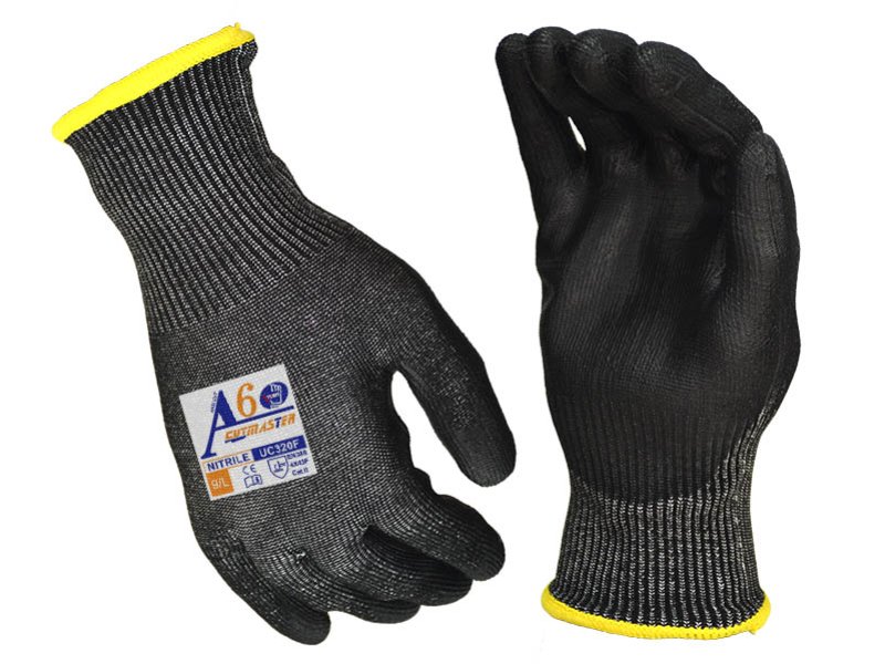 UC320F-Black PU Palm Coated Work Gloves With Black 13G Cut Resistant Liner Level F