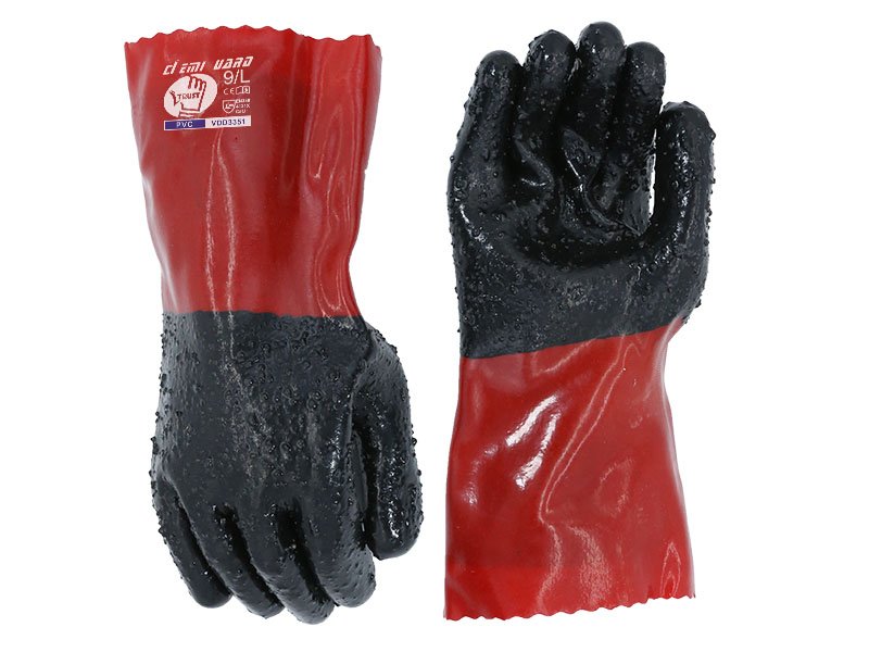 VDD3351-Black And Red PVC Fully Coated Work Gloves With 13G Polyester Liner Palm Chips Finish,Gauntlet Cuff