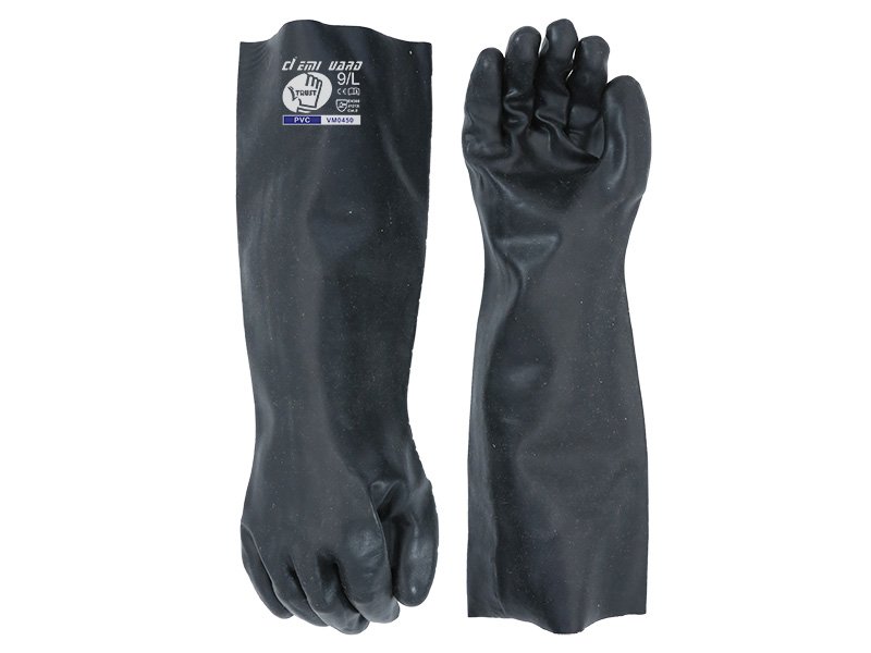 VM0450-Black PVC Fully Coated Work Gloves With 13G  White Cotton Intertlock Liner Smooth Finish,Gauntlet Cuff