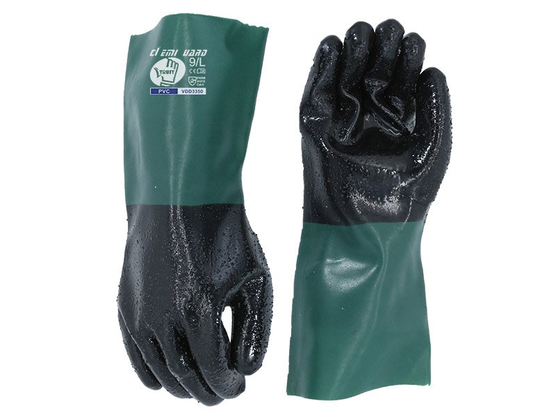 VDD3350-Black And Green PVC Fully Coated Work Gloves With 13G Polyester Liner Palm Chips Finish,Gauntlet Cuff