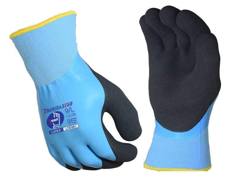 LFD901-Blue Latex Double Dipped Work Gloves With Double Liners (Outer Layer Gray 15Gauge Polyester and Inner Layer Black 10G Brushed Polyester Terry Loops ) Foam Micro-Crinkle Finish