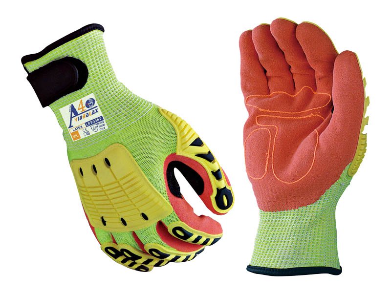 LFP330T-Orange Latex Palm Coated Work Gloves With Green 13G Cut Resistant(TPR For Impact) Liner Foam Finish